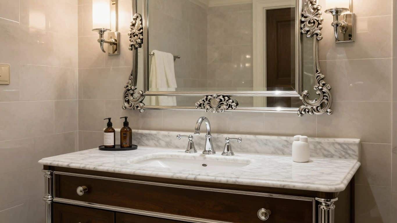 Luxury bathroom vanity with marble countertop and mirror.