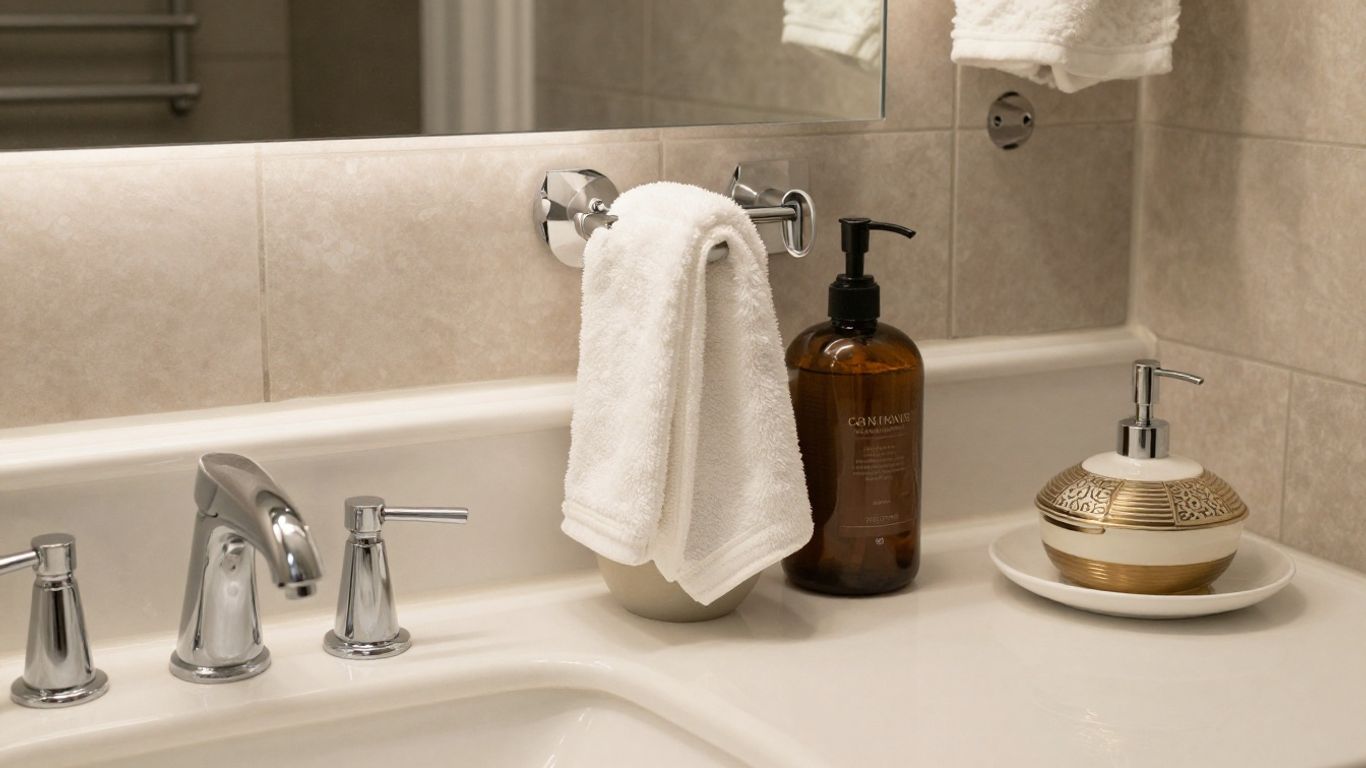 Stylish bathroom hardware and accessories in a modern setting.