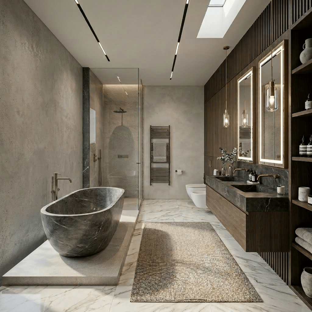 Bathroom remodeling Coppell TX — modern luxury bathroom with marble soaking tub, glass shower, and dual illuminated mirrors