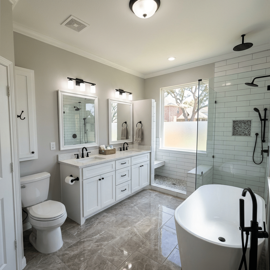 bathroom addition add resale value dfw new bathroom. Bright modern bathroom with double sinks, white cabinetry, glass shower enclosure, and freestanding bathtub
