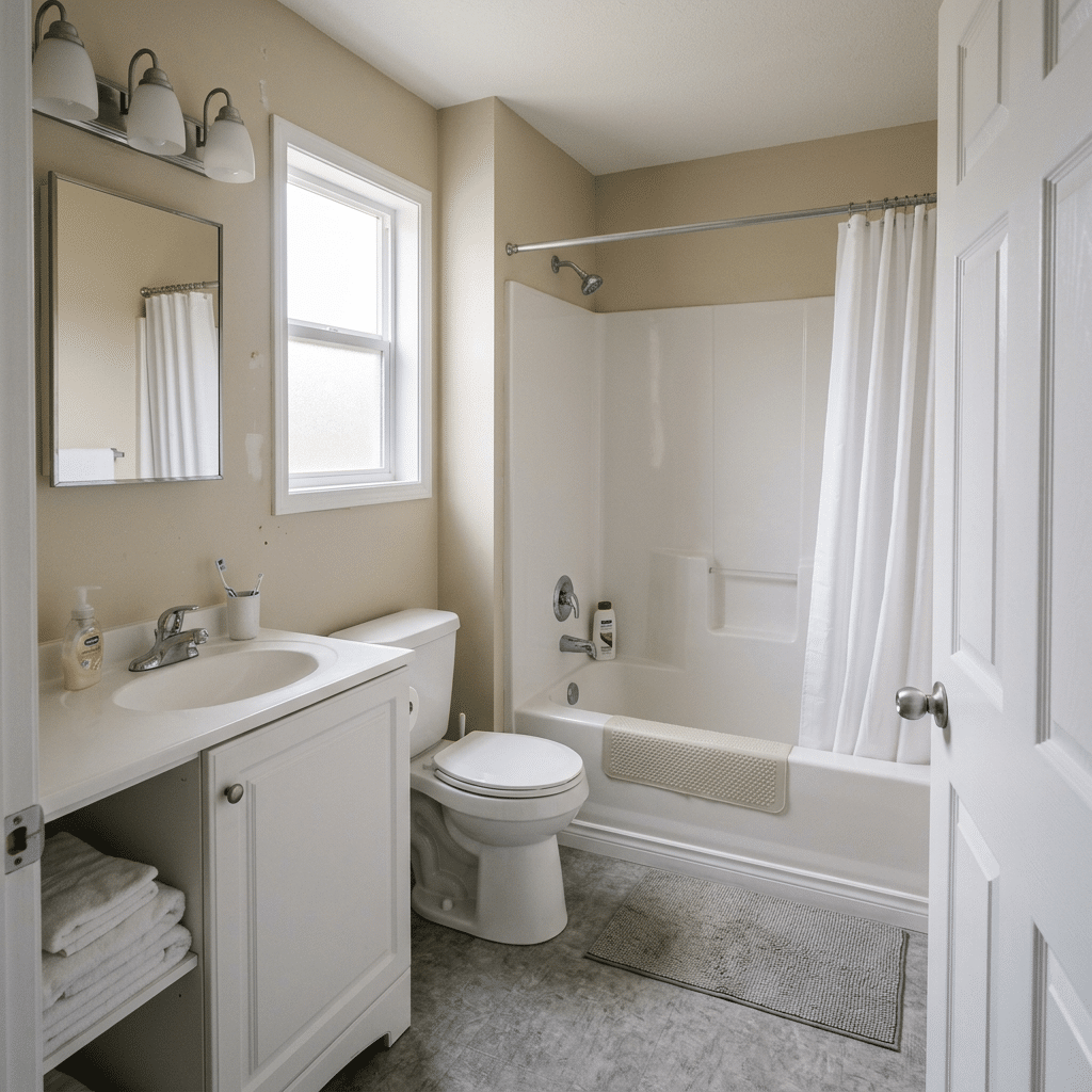 Bathroom remodel in DFW with beige walls, white bathtub with shower, white toilet, white vanity with sink, and window.